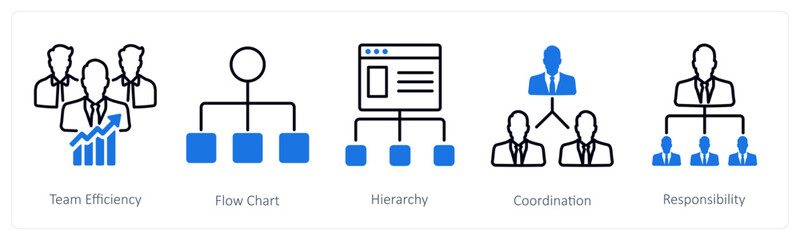 A set of 5 Business and Office icons as team efficiency, flow chart, hierarchy