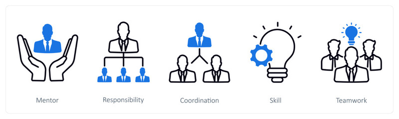 A set of 5 Business and Office icons as mentor, responsibility, coordination, skill