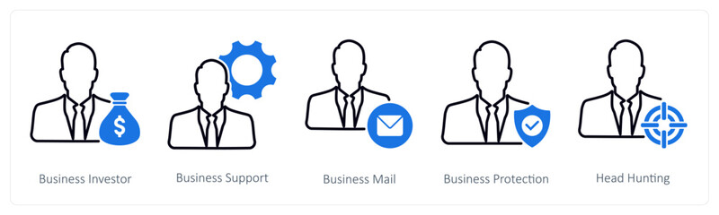 A set of 5 Business and Office icons as business investor, business support, business mail