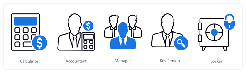 A set of 5 Business and Office icons as calculator, accountant, manager