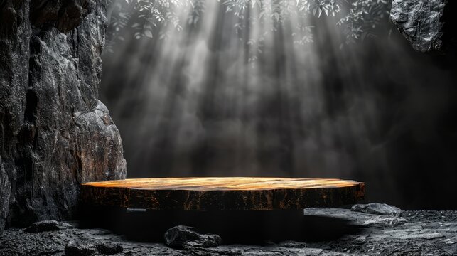Mystical cave with glowing stone altar illuminated by light rays from above, creating an ethereal and magical atmosphere.