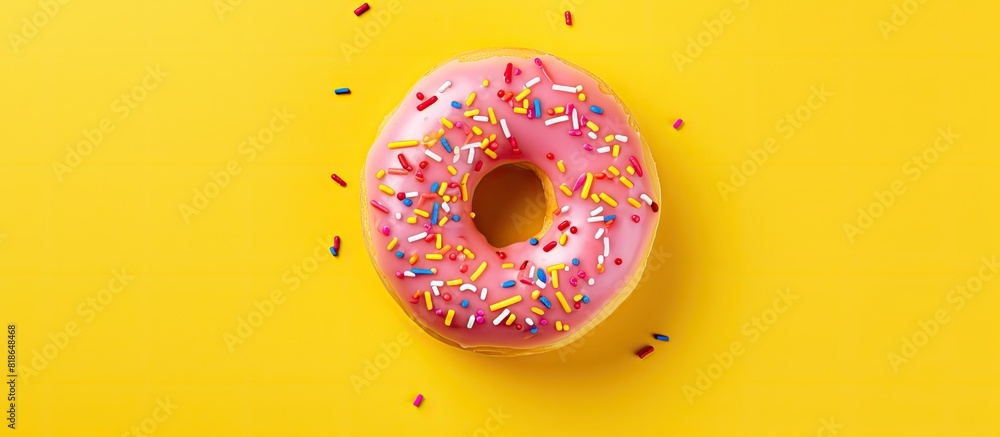 Poster A colorful donut shaped pastry with sugar topping rests on a vibrant yellow background The playful food item is captured from a top down perspective leaving ample empty space around it for further use