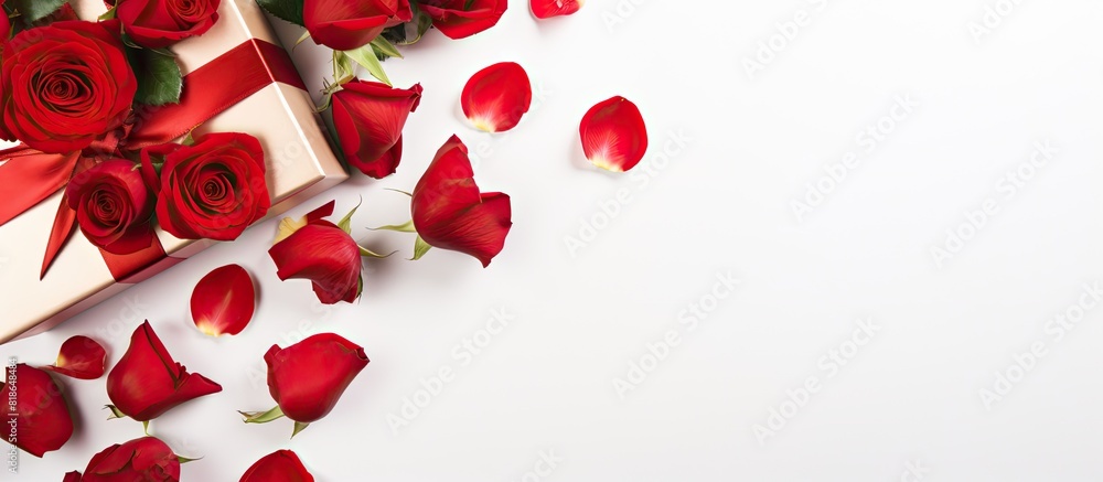 Poster Flat lay image of a stunning gift box adorned with a bow and red roses set against a white backdrop Ample copy space available