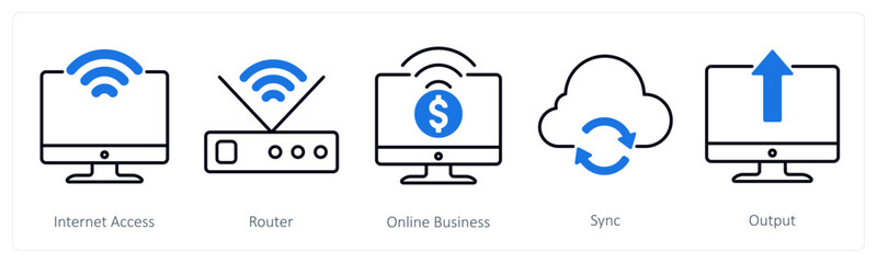 A set of 5 Business and Office icons as internet access, router, online business