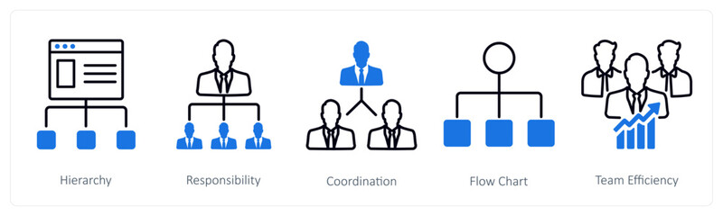 A set of 5 Business and Office icons as hierarchy, responsibility, coordination