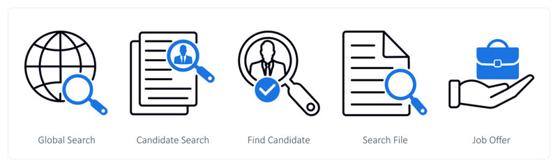 A set of 5 Business and Office icons as global search, candidate search, find candidate