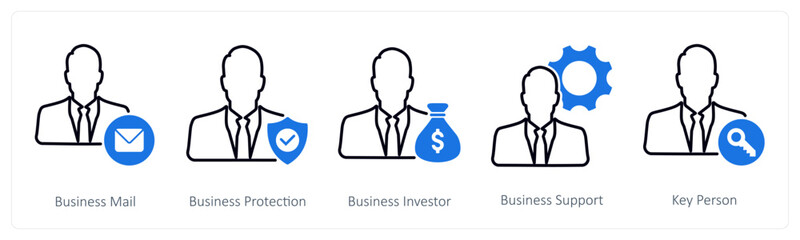 A set of 5 Business and Office icons as business mail, business protection, business investor