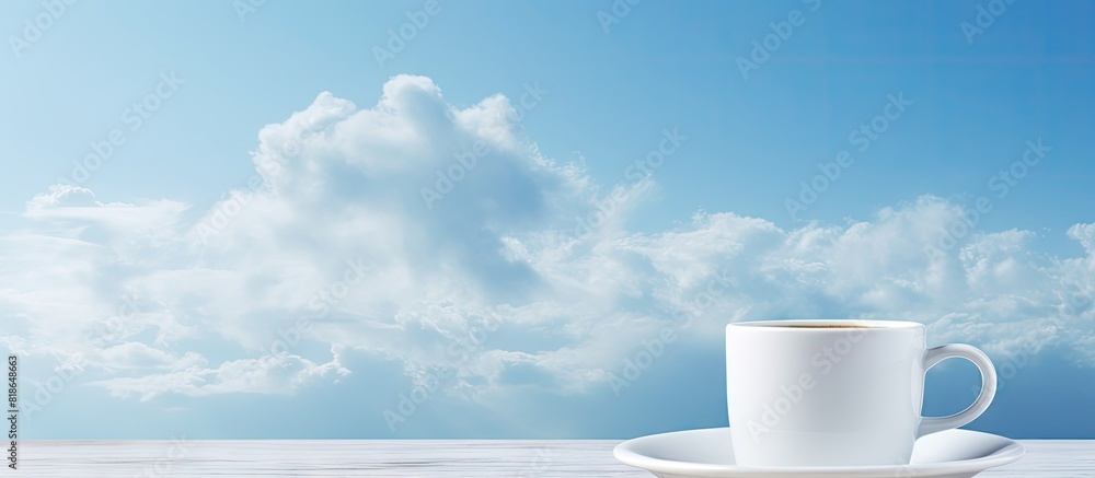 Poster A white coffee cup is placed on a wooden table against the backdrop of a clear blue sky and fluffy clouds creating a perfect copy space image