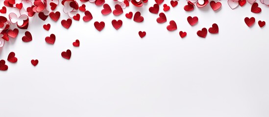 A creative concept for Valentine s Day showcasing love through red heart shaped confetti A top view of the Valentine s Day arrangement on a white background Copyspace image