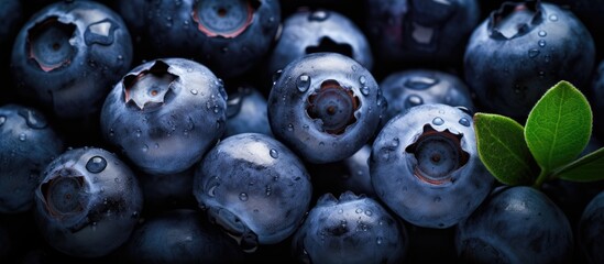 A close up photo of freshly picked blueberries showing a pile of them with a copy space image