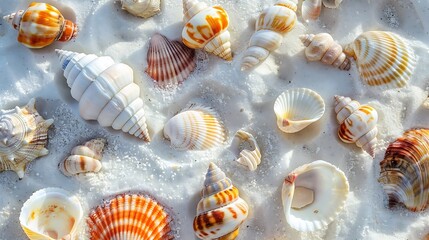 Collection of colorful seashells scattered on a bright white beach, offering a glimpse of the ocean's treasures.
