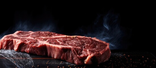 Closeup of raw dry aged wagyu beef shoulder clod roast on a black background with ample space to add text or other images