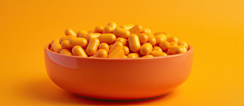An isolated orange background showcases a collection of pill blister packs arranged in a bowl offering ample copy space for the image 148 characters