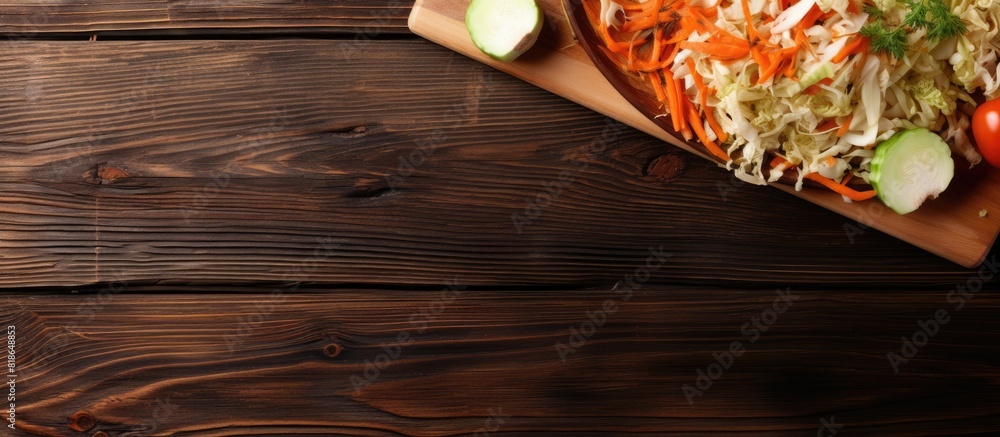 Poster the cutting board with chopped cabbage and carrot is placed on a brown wooden background it is seen 