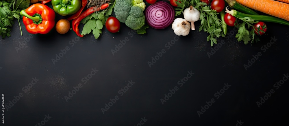 Poster A top view of fresh vegetables and ingredients for cooking on a dark background creating a healthy food concept with copy space image