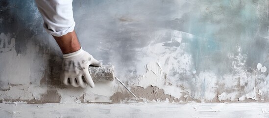 Closeup of a construction worker using a trowel to plaster a wall The image shows the hands of a man dedicated to his work in construction. with copy space image. Place for adding text or design
