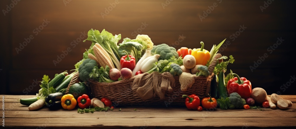 Poster Create a still life with a basket of fresh organic vegetables displayed on a wooden floor leaving room for additional elements in the image