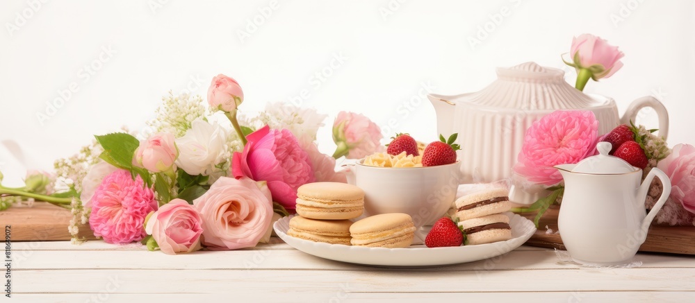 Poster a mother s day themed arrangement with a vintage tea set finger sandwiches chocolates desserts and f