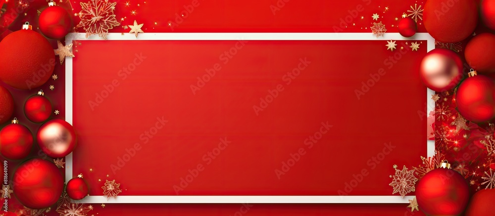 Poster A festive red Christmas template with a frame set against a red background The design features a flat lay perspective with a top view providing ample copy space for text