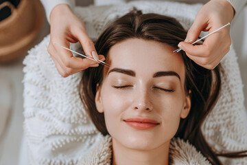 Naklejka premium Holistic healer performing acupuncture on serene patient, wellness and alternative medicine practices.