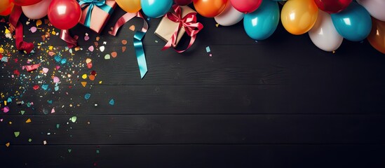 A festive birthday party setup with vibrant balloons gifts hats confetti candy and streamers Presented in a flat lay style it offers ample copy space for greeting text
