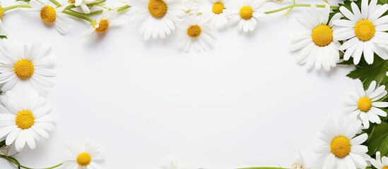 Top view of a white background with a blank frame featuring a mockup Chamomile daisy flower buds add a creative touch to the summer and spring themed copy space image
