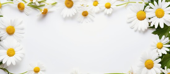 Fototapeta premium Top view of a white background with a blank frame featuring a mockup Chamomile daisy flower buds add a creative touch to the summer and spring themed copy space image