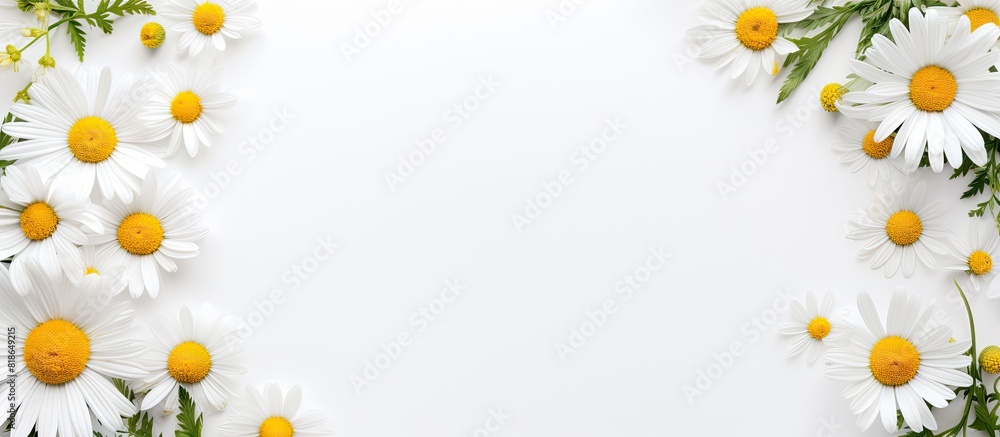Aufkleber Top view of a white background with a blank frame featuring a mockup Chamomile daisy flower buds add a creative touch to the summer and spring themed copy space image