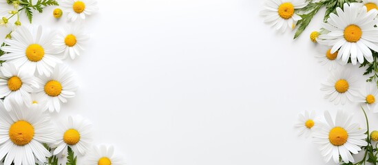 Top view of a white background with a blank frame featuring a mockup Chamomile daisy flower buds add a creative touch to the summer and spring themed copy space image