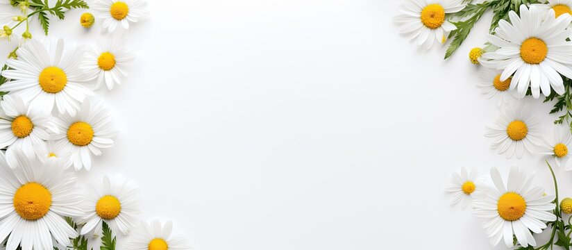 Top view of a white background with a blank frame featuring a mockup Chamomile daisy flower buds add a creative touch to the summer and spring themed copy space image