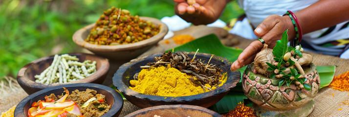 Ayurvedic practitioner preparing herbal remedies, ancient healing traditions for holistic well-being.