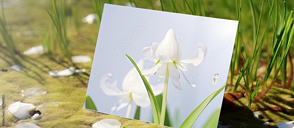 Aufkleber A close up view of a springtime greeting card featuring a white blank card with a beautiful snowdrop flower in a top down perspective The image is ready for text insertion. with copy space image