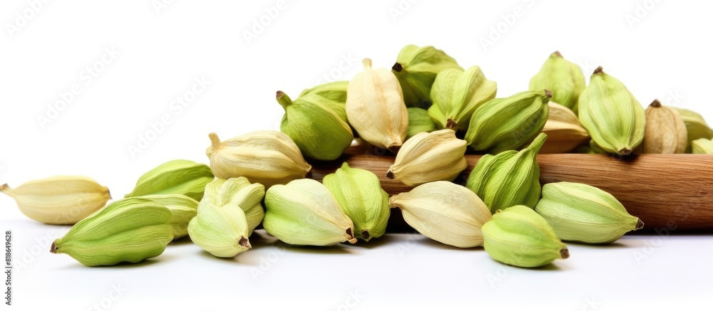 Poster A close up shot displaying green cardamom pods isolated on a white background with copy space available for text or images It represents a spices food and cooking concept