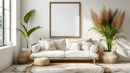 Blank horizontal poster frame mock up in style living room interior, modern living room interior background, beige sofa and pampas grass