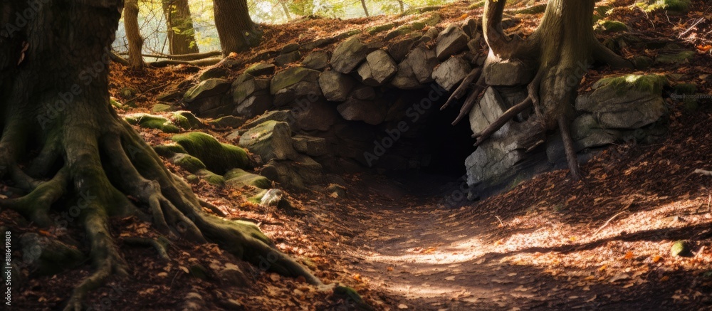 Aufkleber A tree hollow sits in the path on a crisp autumn day with plenty of space for a captivating image. with copy space image. Place for adding text or design