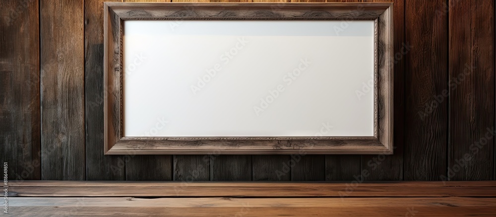 Aufkleber A picture frame is placed on a wooden table creating a visually appealing composition with plenty of copy space for an image