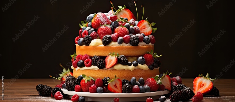 Poster A naked cake adorned with fresh and colorful fruits creating a vibrant and appetizing arrangement. with copy space image. Place for adding text or design