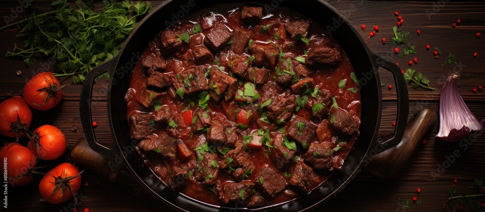 Poster A top down view of beef stewed in a rich red wine sauce with the option for a copy space image The beef is roasted and braised to create a tender and flavorful portion of slow cooked meat prepared in