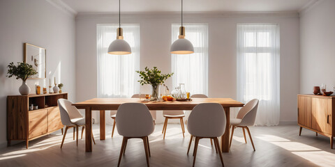 Modern Dining Room with Wooden Table. A simple dining room with a wooden table and chairs,  pendant lights