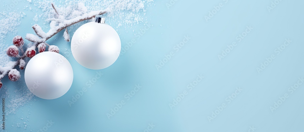 Aufkleber christmas composition with a snowy fir branch and white bauble on a pastel blue background the image