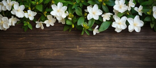 A copy space image of jasmine tea with fresh jasmine flowers beautifully arranged on a rustic...