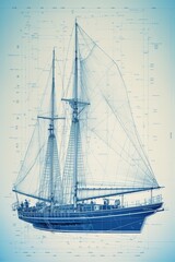  Technical blueprint of an boat on a blue background 