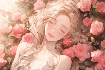 anime portrait of a beautiful girl with white hair surrounded by red roses