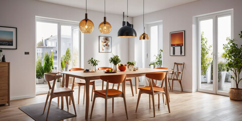 Modern Dining Room with Wooden Table. A simple dining room with a wooden table and chairs,  pendant lights