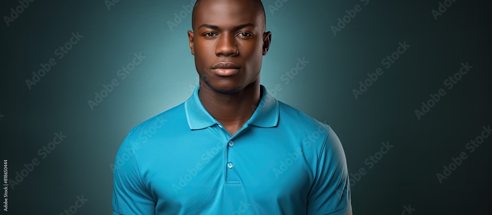 Poster the image portrays a young attractive african man in a blue polo shirt the background is a gray stud