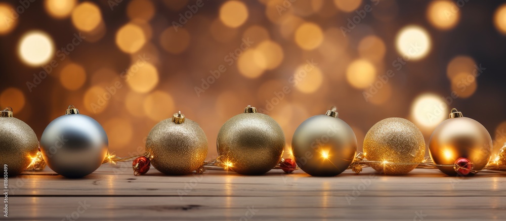 Poster a festive scene with burning candles on a wooden table under a christmas tree adorned with toys the 