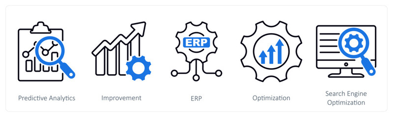 A set of 5 Industrial icons as predictive analytics, improvement, erp
