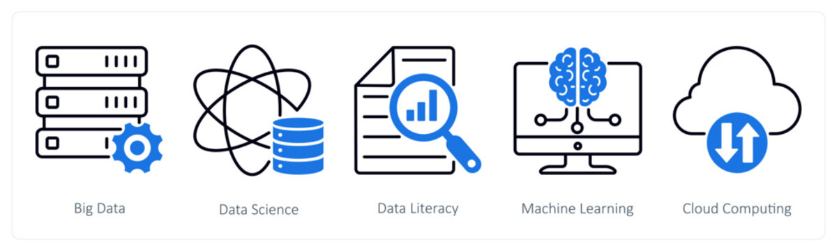 A set of 5 Industrial icons as big data, data science, data literacy