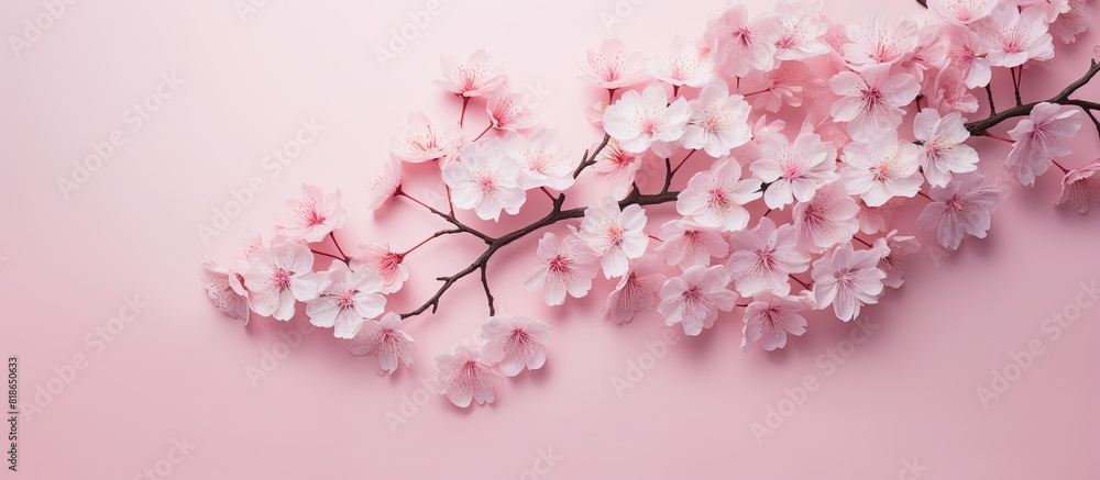 Poster An aerial view of a spring cherry blossom tree on a pastel background The image features a flat lay perspective with ample copy space It evokes a feeling of spring and summer