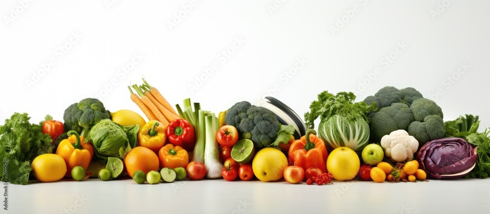 Poster a high resolution food photography image featuring various fruits and vegetables isolated on a white